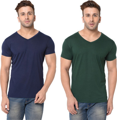 Tresna Fab Solid Men V Neck Dark Blue, Dark Green T-Shirt