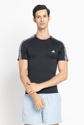 ADIDAS Striped Men Crew Neck Black T-Shirt