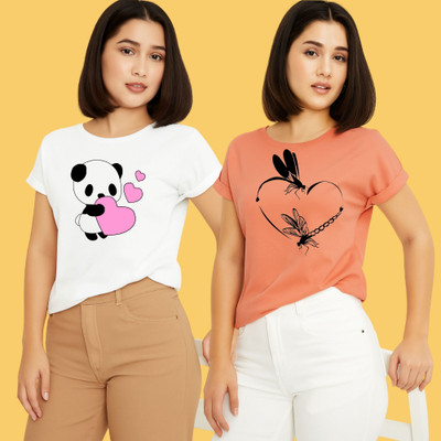 Kintu Parantu Printed Women Round Neck White, Pink T-Shirt