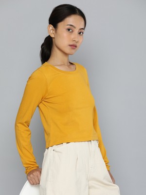 ether Solid Women Round Neck Yellow T-Shirt