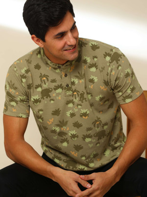 Estilocus Solid Men Henley Neck Green T-Shirt