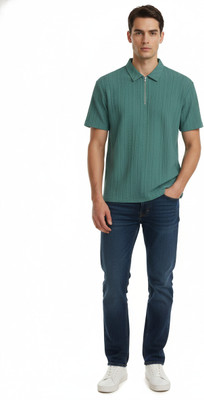 RIDHUDEE Solid Men Polo Neck Light Green T-Shirt