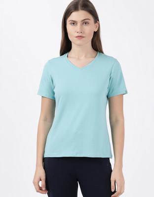 JOCKEY Solid Women Round Neck Light Blue T-Shirt