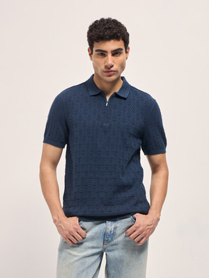 THE BEAR HOUSE Self Design Men Polo Neck Blue T-Shirt