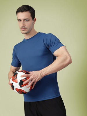 Adrenex Solid Men Round Neck Blue T-Shirt