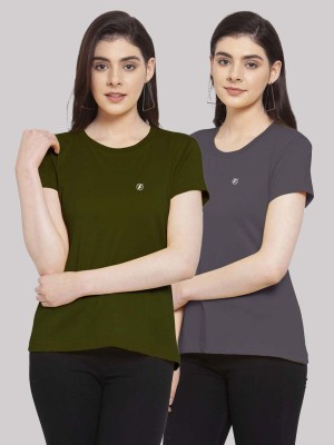 FRISKERS Solid Women Round Neck Dark Green, Grey T-Shirt