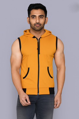VASTRAART Solid, Sporty Men Hooded Neck Yellow, Black T-Shirt