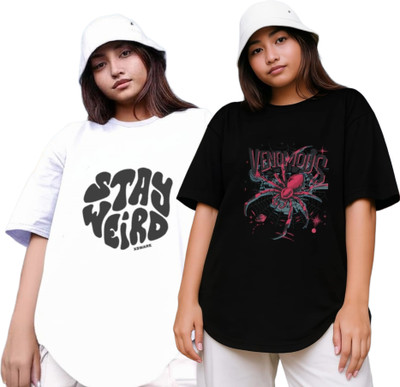 RS FASHION Printed Women Round Neck White, Black T-Shirt