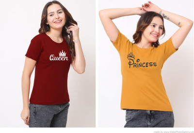 Cintia Printed Women Round Neck Maroon, Yellow T-Shirt