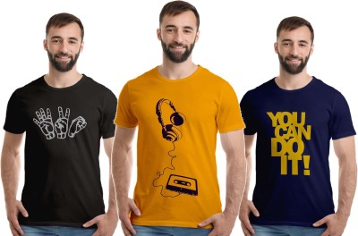 Boodbuck Graphic Print Men Round Neck Dark Blue, Black, Yellow T-Shirt