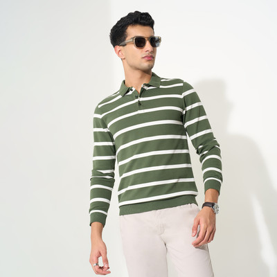Peregrine by Pantaloons Striped Men Round Neck Green T-Shirt