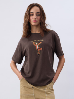The Souled Store Printed Women Round Neck Brown T-Shirt