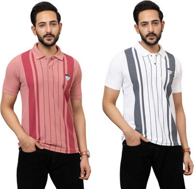 Studshirt Striped Men Polo Neck Pink, White T-Shirt
