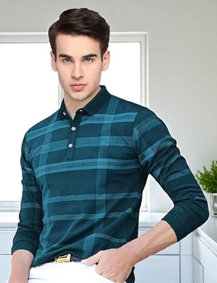 FAOES Checkered Men Polo Neck Green T-Shirt