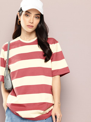 DILLINGER Striped Women Round Neck Red T-Shirt