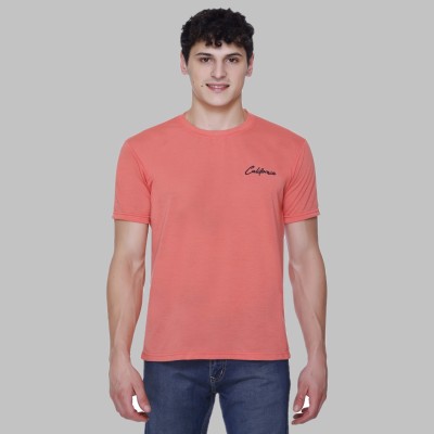 HVBK Solid Men Round Neck Pink T-Shirt