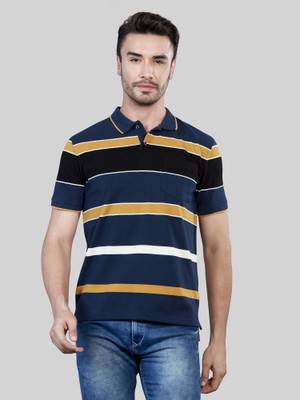 BE POSITIVE Striped Men Polo Neck Dark Blue T-Shirt