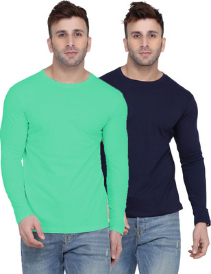 Kroptee Solid Men Round Neck Light Green, Dark Blue T-Shirt