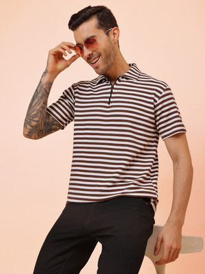 Ogha Striped Men Zip Neck Brown, White T-Shirt