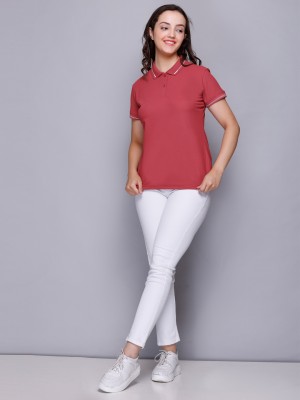 ELPIDA Solid Women Polo Neck Red T-Shirt