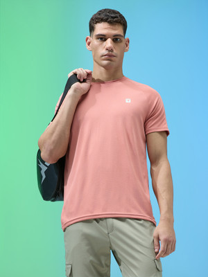 TECHNOSPORT Solid Men Crew Neck Pink T-Shirt