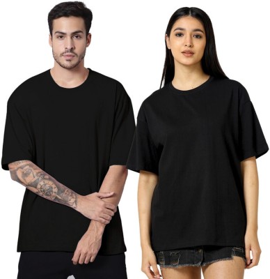 BHENKAR Solid Couple Round Neck Black T-Shirt