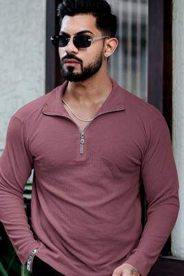 HOODLER Solid Men Polo Neck Pink T-Shirt