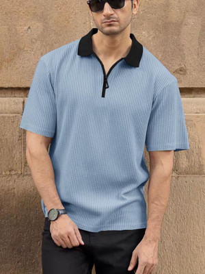 Aqualoom Self Design Men Zip Neck Blue T-Shirt