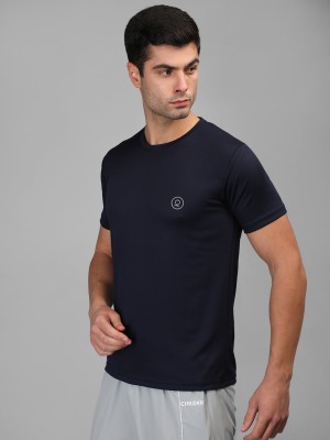 CHKOKKO Solid Men Round Neck Dark Blue T-Shirt