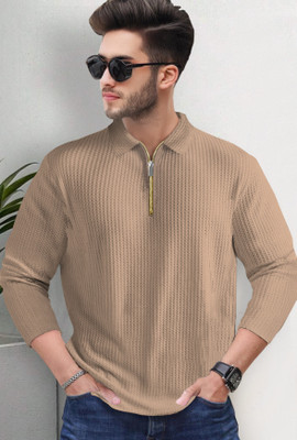 HOODLER Solid Men Polo Neck Beige T-Shirt