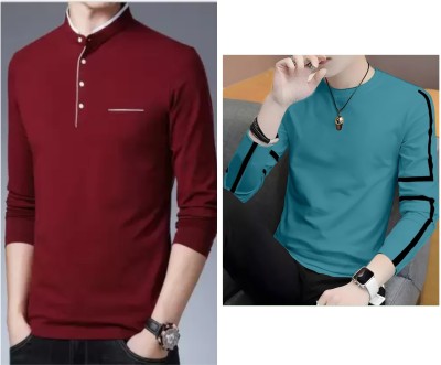 Meetri Printed Men Mandarin Collar Maroon, Blue T-Shirt