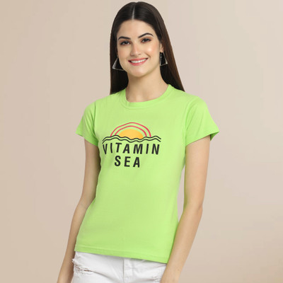 Fabflee Printed Women Round Neck Light Green T-Shirt