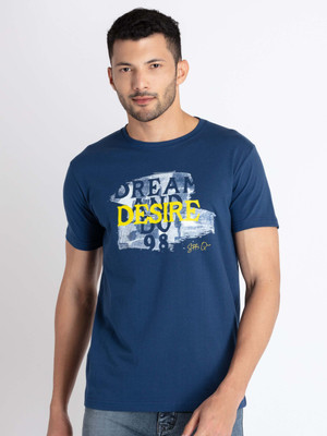 Status Quo Printed, Typography Men Round Neck Blue T-Shirt