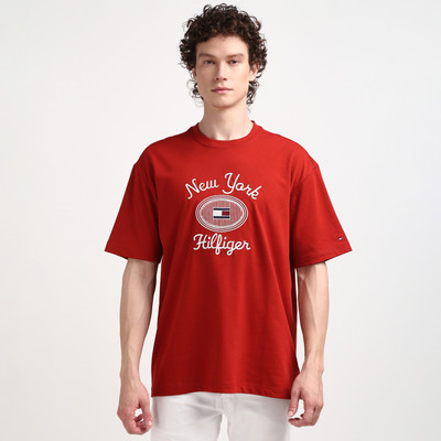 TOMMY HILFIGER Embroidered Men Round Neck Red T-Shirt