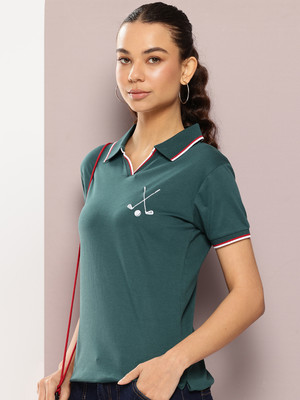 DILLINGER Solid Women V Neck Green T-Shirt