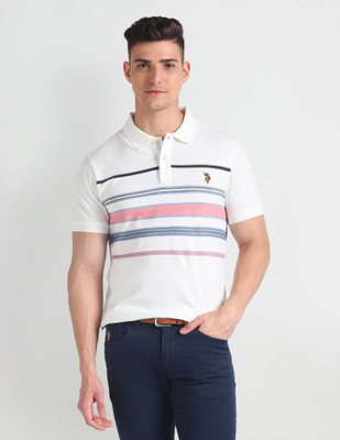 U.S. POLO ASSN. Striped Men Polo Neck White T-Shirt