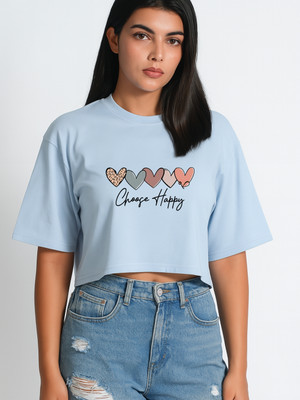 SLENOR Printed Women Round Neck Light Blue T-Shirt