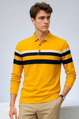 Autna Striped Men Polo Neck Yellow T-Shirt