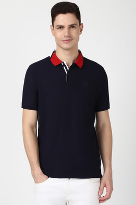 PETER ENGLAND Solid Men Polo Neck Dark Blue T-Shirt