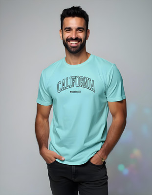 DeerHead Printed Men Round Neck Light Blue T-Shirt