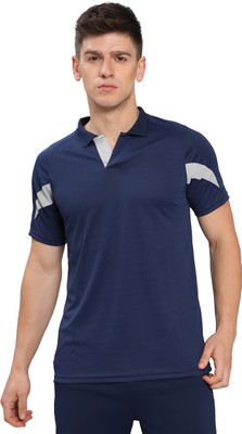 TECHNOSPORT Solid Men Polo Neck Navy Blue T-Shirt