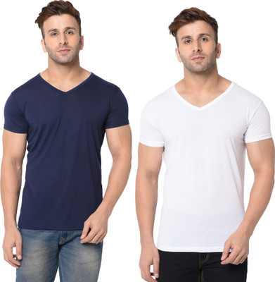 Tresna Trendy Solid Men V Neck Dark Blue, White T-Shirt