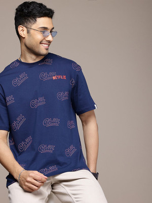 WROGN Printed Men Round Neck Blue T-Shirt