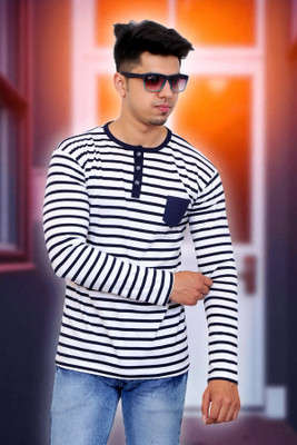 FARICON Striped Men Mandarin Collar Grey T-Shirt