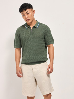 THE BEAR HOUSE Self Design Men Polo Neck Green T-Shirt