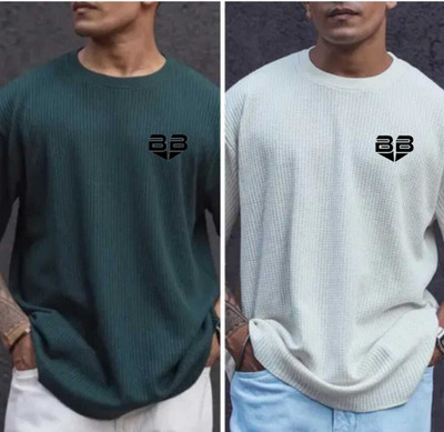 BOOM BAAM Self Design Men Round Neck Green, White T-Shirt