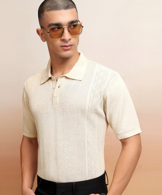 HIGHLANDER Self Design Men Polo Neck White T-Shirt