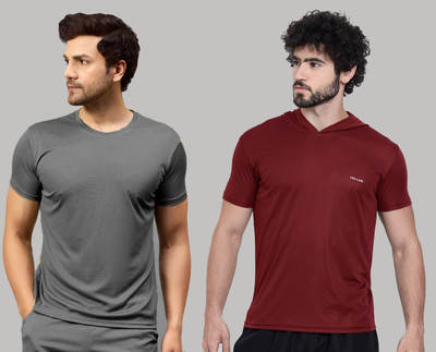UDI n ADI Solid Men Round Neck Grey, Maroon T-Shirt