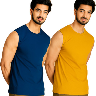Jangoboy Solid Men Round Neck Dark Blue, Yellow T-Shirt