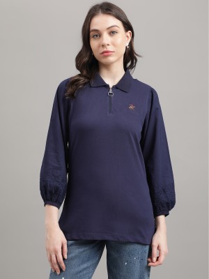 Beverly Hills Polo Club Solid Women Polo Neck Blue T-Shirt